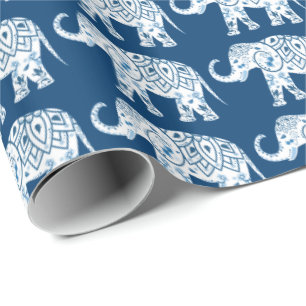 Ornate Patterned Blue Elephant Wrapping Paper