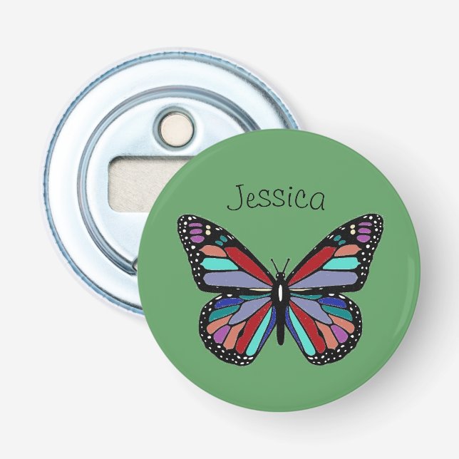 Ornate Patterned Butterfly Art Green Personalised Bottle Opener (Front)