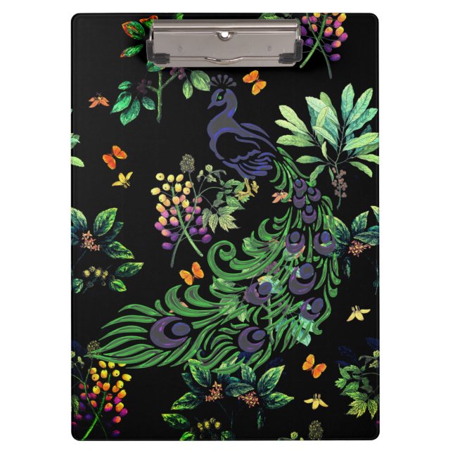 Ornate Peacock and Vintage Floral Clipboard (Front)