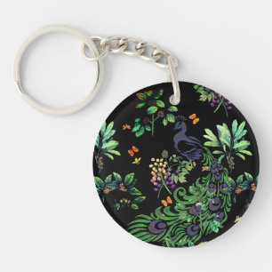 Ornate Peacock and Vintage Floral Key Ring