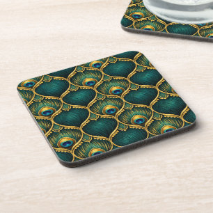 Ornate Peacock Feather Pattern in Emerald & Gold Coaster