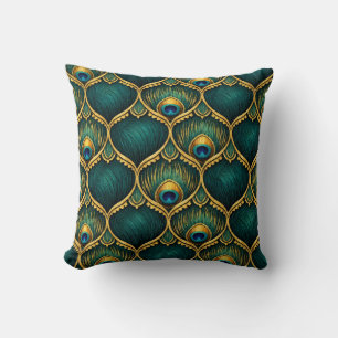 Ornate Peacock Feather Pattern in Emerald & Gold Cushion
