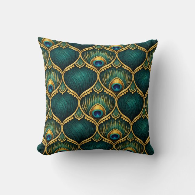 Ornate Peacock Feather Pattern in Emerald & Gold Cushion (Front)