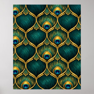 Ornate Peacock Feather Pattern in Emerald & Gold Poster