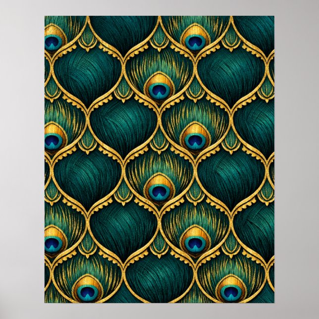 Ornate Peacock Feather Pattern in Emerald & Gold Poster (Front)