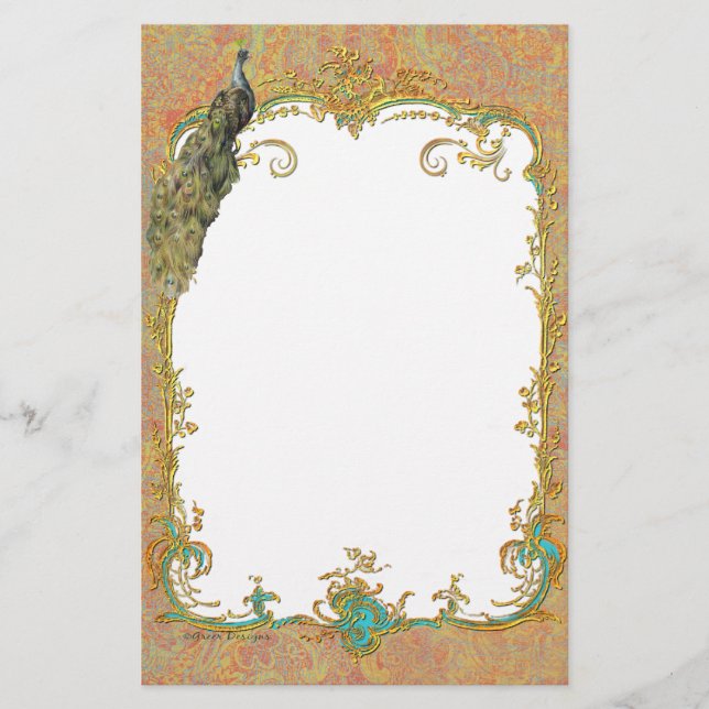 Ornate Peacock n Paisley Art Design Stationery (Front)