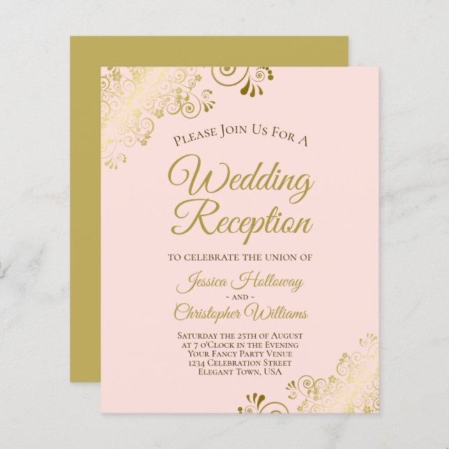 Ornate Pink & Gold Budget Wedding Reception Invite (Front/Back)
