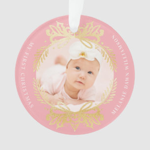 Ornate Pink & Gold Crest   Baby's First Christmas Ornament