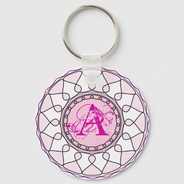 Ornate Pink Monogram Letter A Keychain (Front)