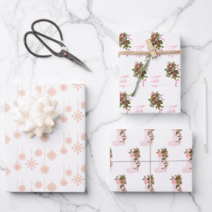 Ornate Pink Snowflakes, Stockings and Bells Wrapping Paper Sheet