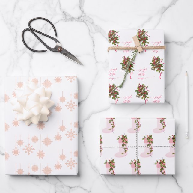 Ornate Pink Snowflakes, Stockings and Bells Wrapping Paper Sheet (Front)