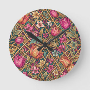 Ornate Pink Tulip Floral William Morris Style Round Clock