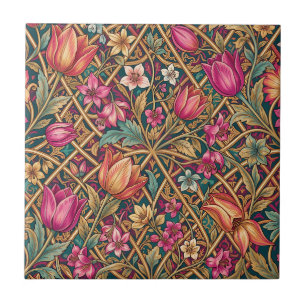 Ornate Pink Tulip Floral William Morris Style Tile