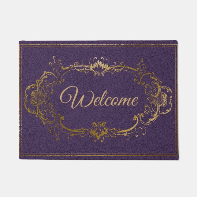 Ornate Purple and Gold Welcome Door Mat (Front)