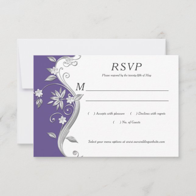 Ornate Purple and Silver Floral Swirls RSVP (Front)