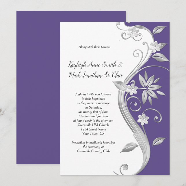 Ornate Purple and Silver Floral Swirls Wedding Invitation (Front/Back)