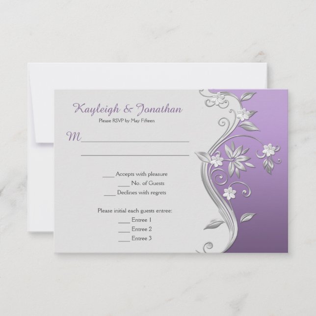 Ornate Purple and Silver Flowers Swirls Menu RSVP Invitation (Front)