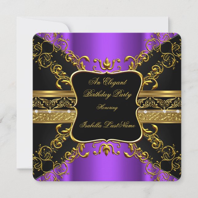 Ornate Purple Black Gold Birthday Party Invitation (Front)