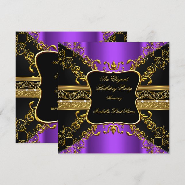 Ornate Purple Black Gold Birthday Party Invitation (Front/Back)