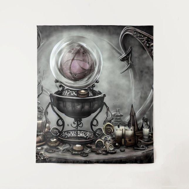 Ornate Purple Crystal Ball and Witchcraft Items Tapestry (Front)
