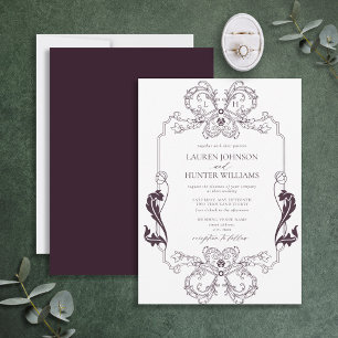 Ornate Purple Floral Line Art Monogram Wedding Invitation