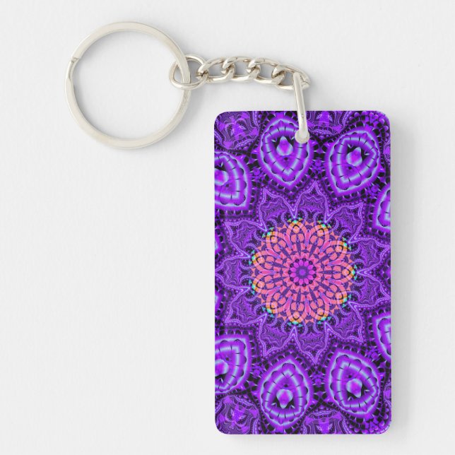 Ornate Purple Flower Vibrations Kaleidoscope Art Key Ring (Front)