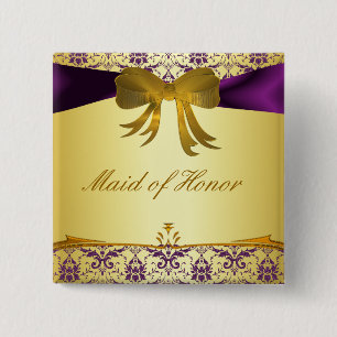 Ornate Purple Gold Damask Wedding Party Button/Pin 15 Cm Square Badge