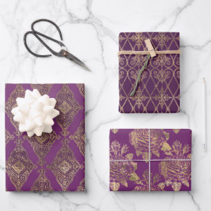 ORNATE PURPLE & GOLD PATTERNS & FLOWERS WRAPPING PAPER SHEET
