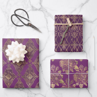 ORNATE PURPLE & GOLD PATTERNS & FLOWERS WRAPPING PAPER SHEET