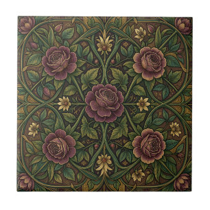 Ornate Purple Rose William Morris Style Floral Tile
