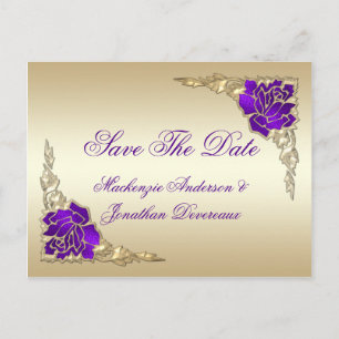 Ornate Purple Roses Gold Leaves Save The Date Announcement Postcard