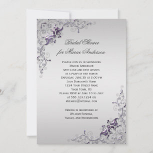 Ornate Purple Silver Floral Swirls Bridal Shower Invitation