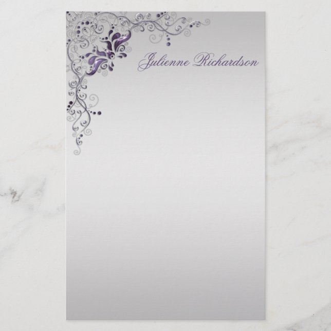 Ornate Purple Silver Floral Swirls Stationery (Front)