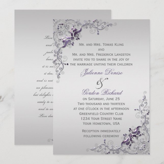 Ornate Purple Silver Floral Swirls Weddings Invitation (Front/Back)