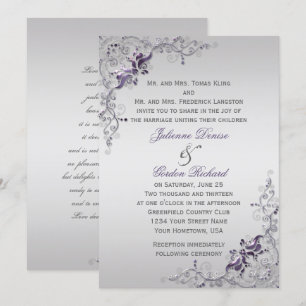 Ornate Purple Silver Floral Swirls Weddings Invitation