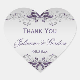 Ornate Purple Silver Swirls Heart Wedding Favour Heart Sticker