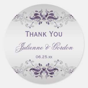 Ornate Purple Silver Swirls Round Wedding Favour Classic Round Sticker