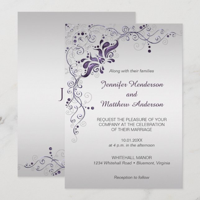 Ornate Purple Swirls on Silver Wedding Invitation (Front/Back)