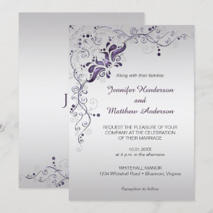Ornate Purple Swirls on Silver Wedding Invitation
