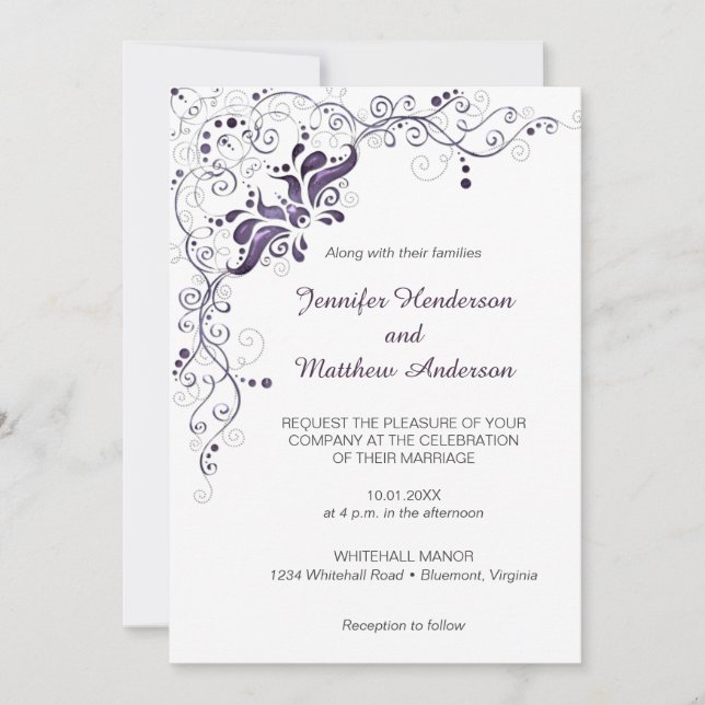 Ornate Purple Swirls on White Wedding Invitation (Front)