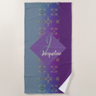 Ornate Purple Teal Monogram Beach Towel