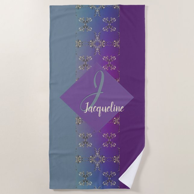 Ornate Purple Teal Monogram  Beach Towel (Front)