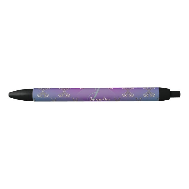 Ornate Purple Teal Monogram  Black Ink Pen (Front)