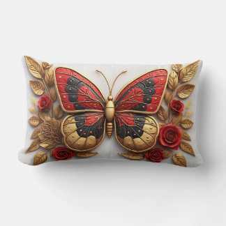 Ornate Red and Gold Butterfly with Roses Lumbar Cushion