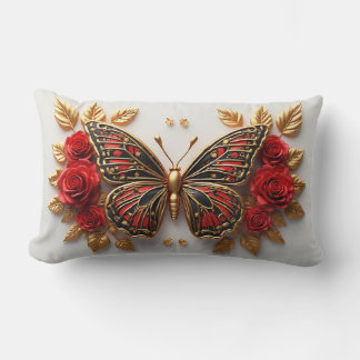 Ornate Red and Gold Butterfly with Roses Lumbar Cushion