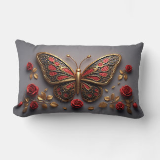 Ornate Red and Gold Butterfly with Roses Lumbar Cushion
