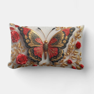 Ornate Red and Gold Butterfly with Roses Lumbar Cushion