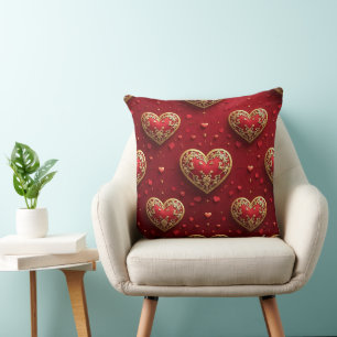 ORNATE RED AND GOLD VALENTINE LOVE HEARTS CUSHION