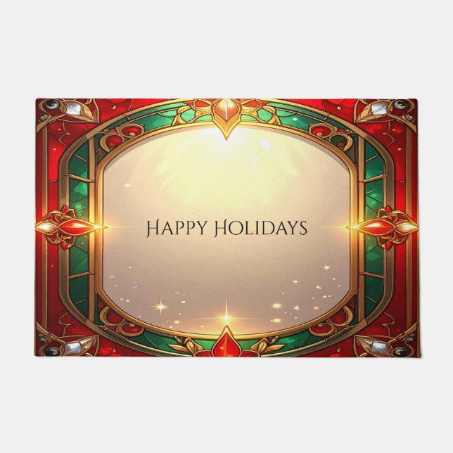 Ornate Red and Green Stained Glass Pattern Doormat (Front)