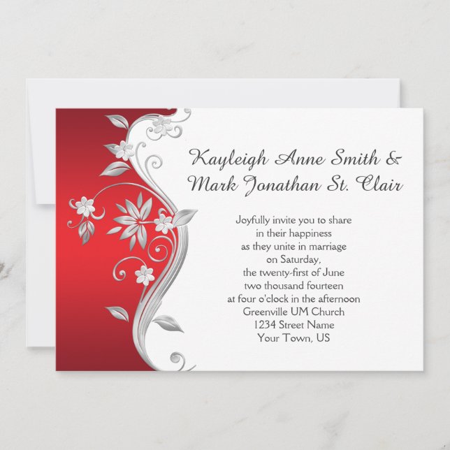Ornate Red and Silver Floral Swirls Wedding Invitation (Front)